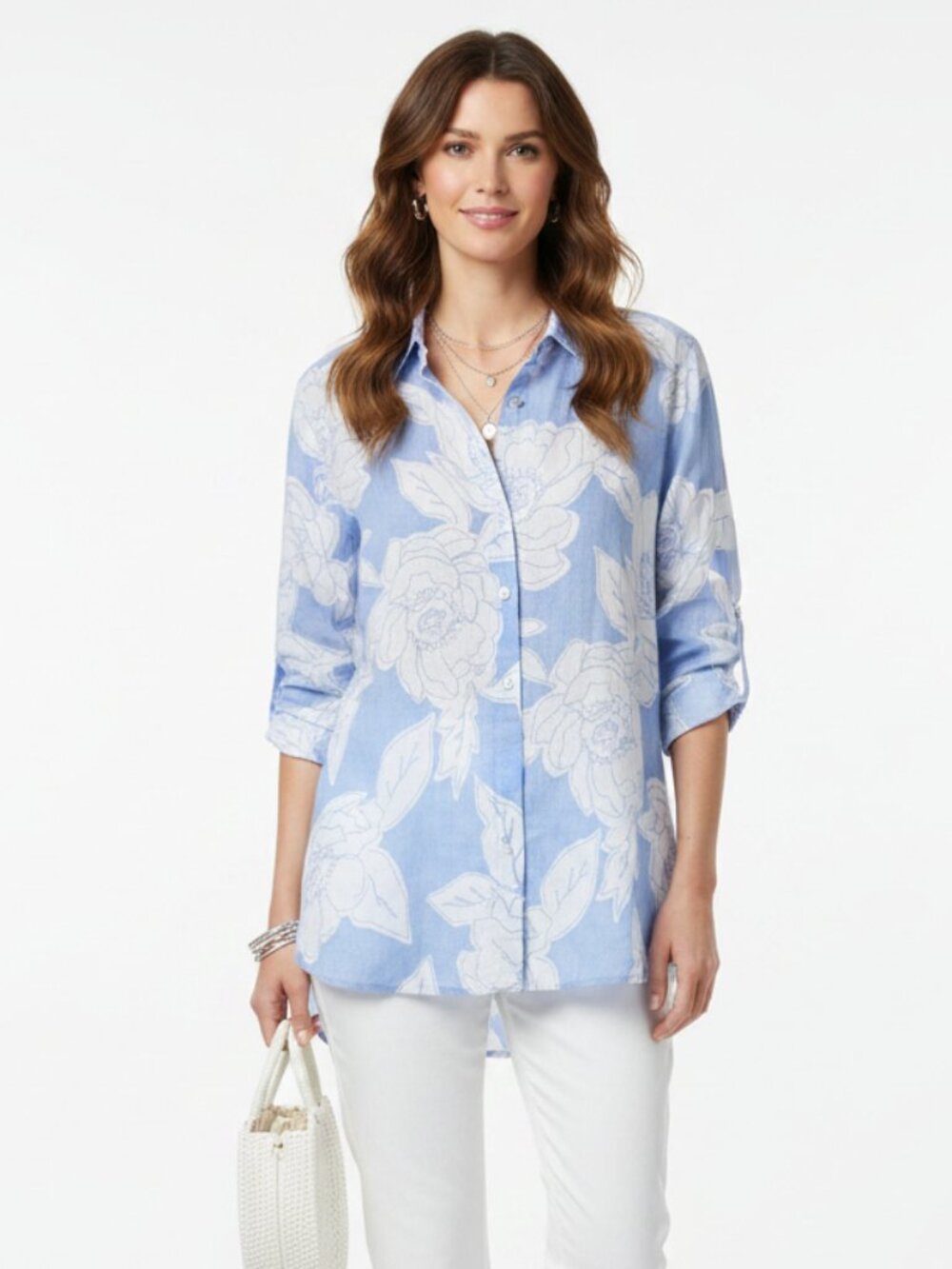 J Jill 100% Linen Blue & White Floral Print Button Up Long Sleeve Blouse Top‎ M